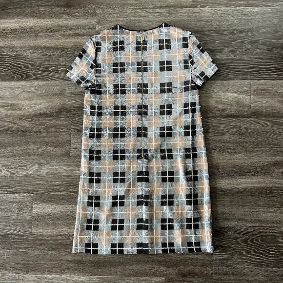 NWOT Kate Spade Sequin Plaid Shift Dress Pumice 4 V Neck Short Sleeve Party Mini - Picture 8 of 16